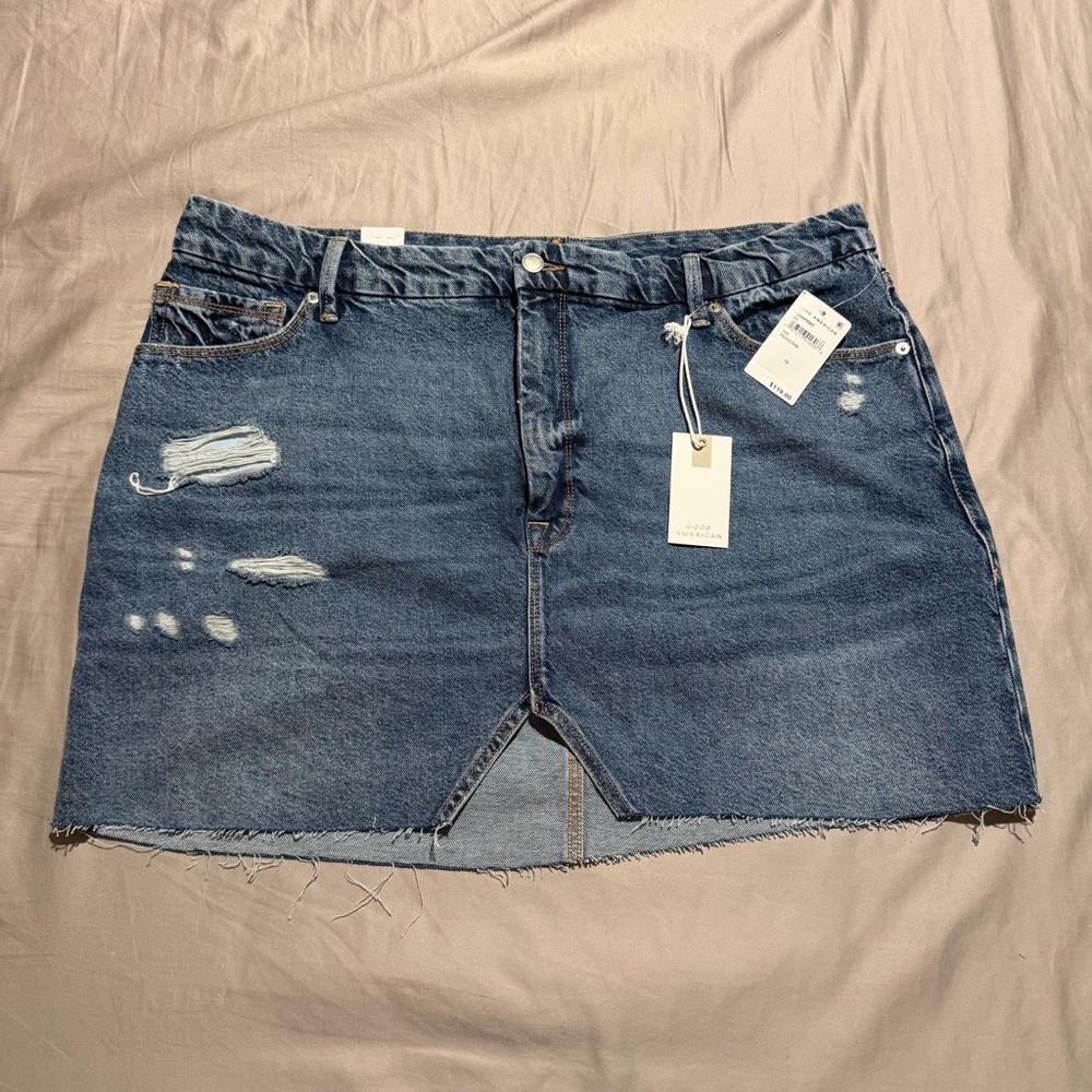 Good American Denim Distressed Jeans Mini Skirt in Indigo 15 NWT